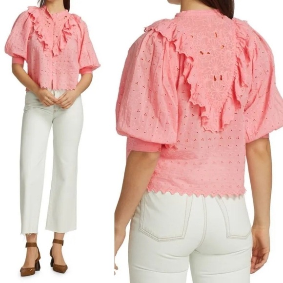 BYTIMO Broderie Ruffle Trim Eyelet Lace Anglaise Shirt In Pink Women's Size S - Picture 1 of 11